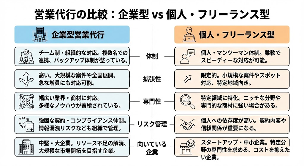 営業代行の比較図解。左側に「企業型営業代行」、右側に「個人・フリーランス型」。シンプルでビジネス向けデザイン。白背景、黒文字。比較項目は体制、拡張性、専門性、リスク管理、向いている企業。フラットデザイン、視認性重視、余白多め。