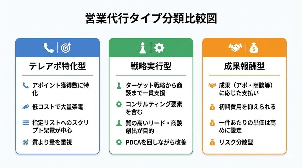 テレアポ特化型
戦略実行型
成果報酬型

横並び比較図
