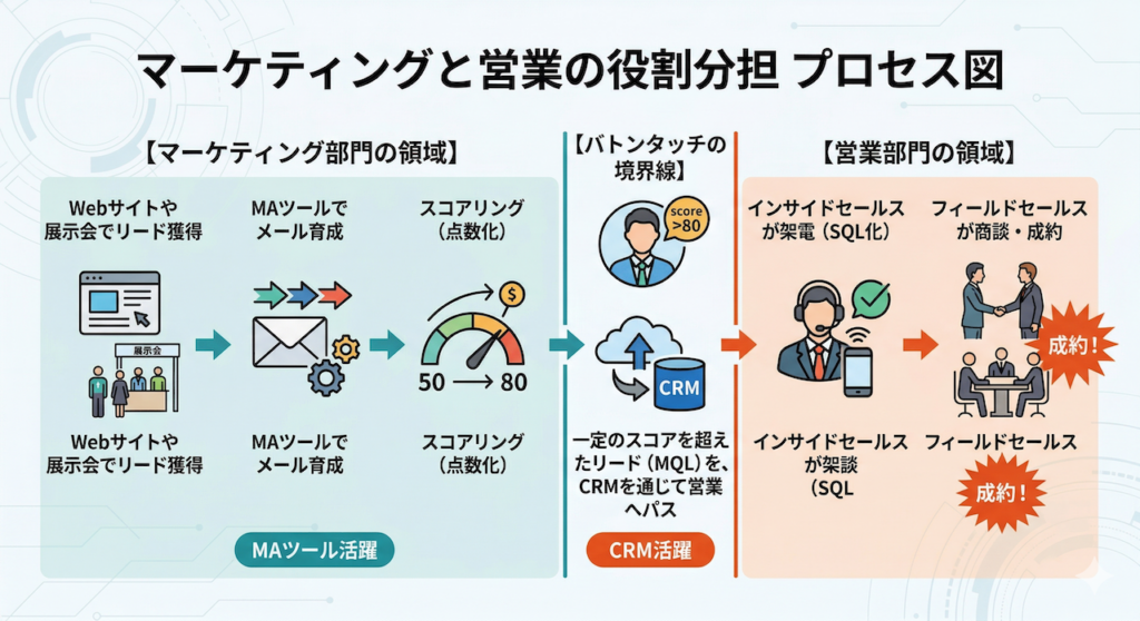 マーケティングと営業の役割分担」プロセス図
