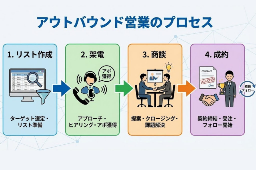 アウトバウンド営業のプロセス（リスト作成→架電→商談→成約）