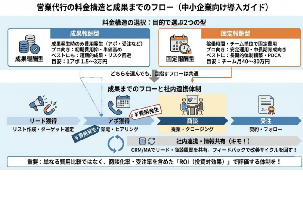 「営業代行の料金構造と成果までのフロー」