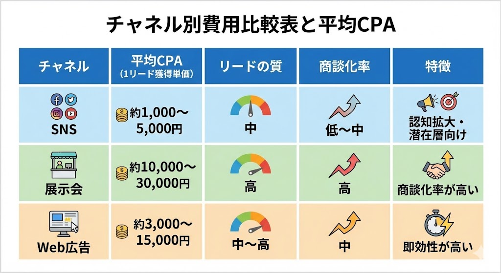 


チャネル

	

平均CPA（1リード獲得単価）

	

リードの質

	

商談化率

	

特徴




SNS

	

約1,000〜5,000円

	

中

	

低〜中

	

認知拡大・潜在層向け




展示会

	

約10,000〜30,000円

	

高

	

高

	

商談化率が高い




Web広告

	

約3,000〜15,000円

	

中〜高

	

中

	

即効性が高い